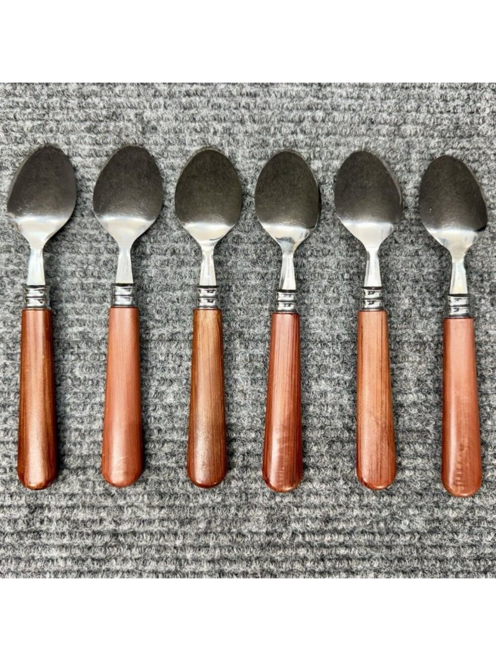 Faberware Silverware Lot Of 6 Spoons Faux Wood Brown Handle Set Oval Vintage - Picture 4 of 7